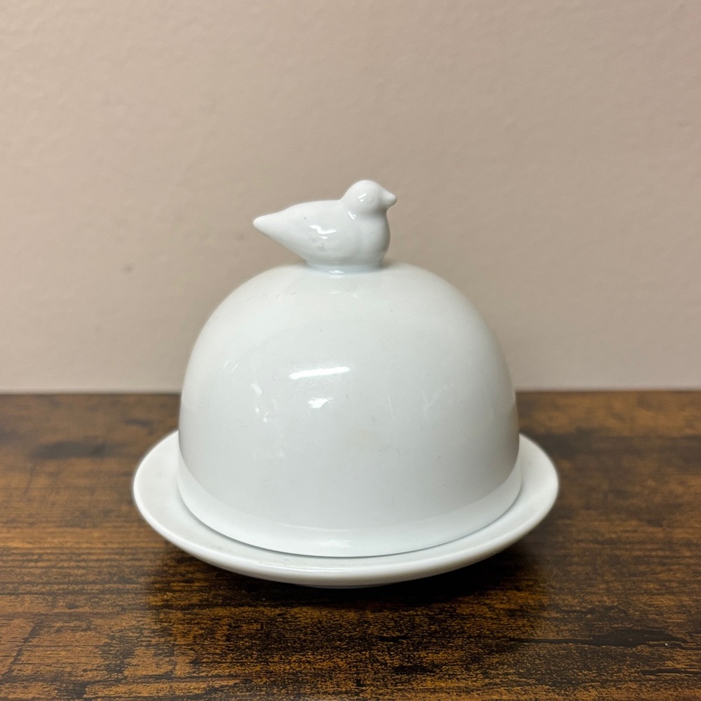 White Ceramic Butter Dish with Bird Accent